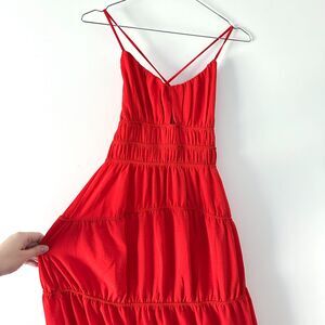 Monteau Red Tiered Smocked Lace Up Back Keyhole Cutout Asymmetrical Dress Medium